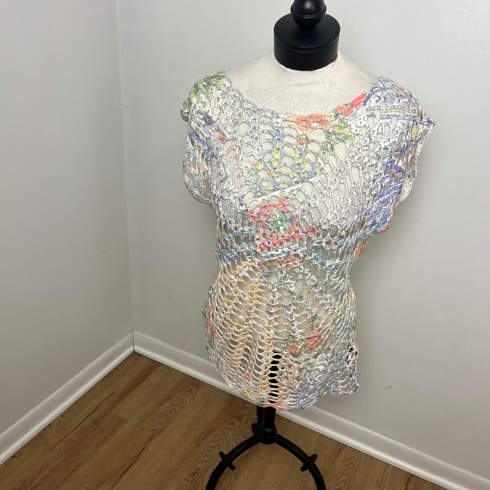 Rino & Pelle Boho Crochet Open Knit Top Womens L‎ Multicolor Pastel Cap Sleeve